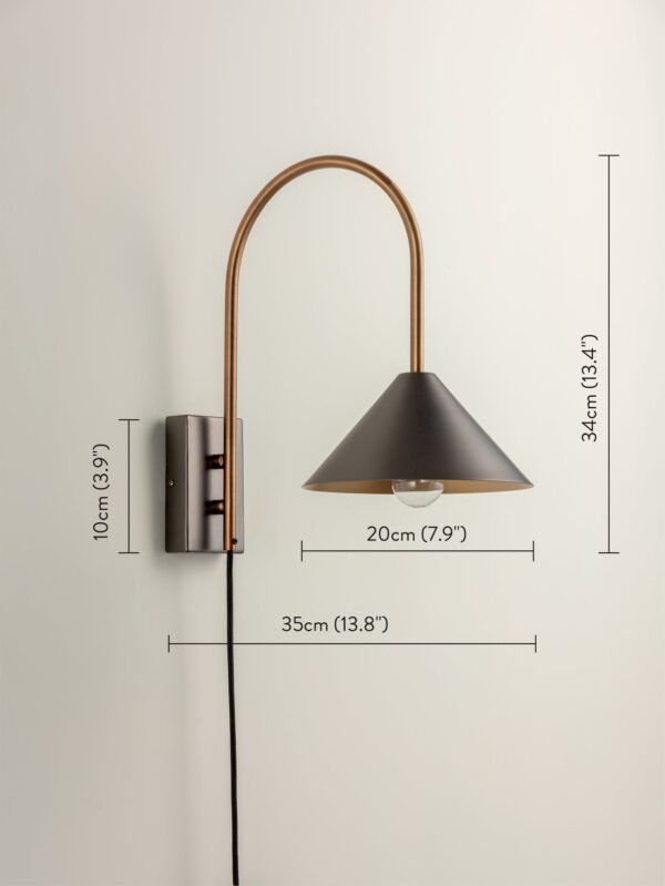 Orta - 1 light antique silver and burnished brass cone wall light - Image 5