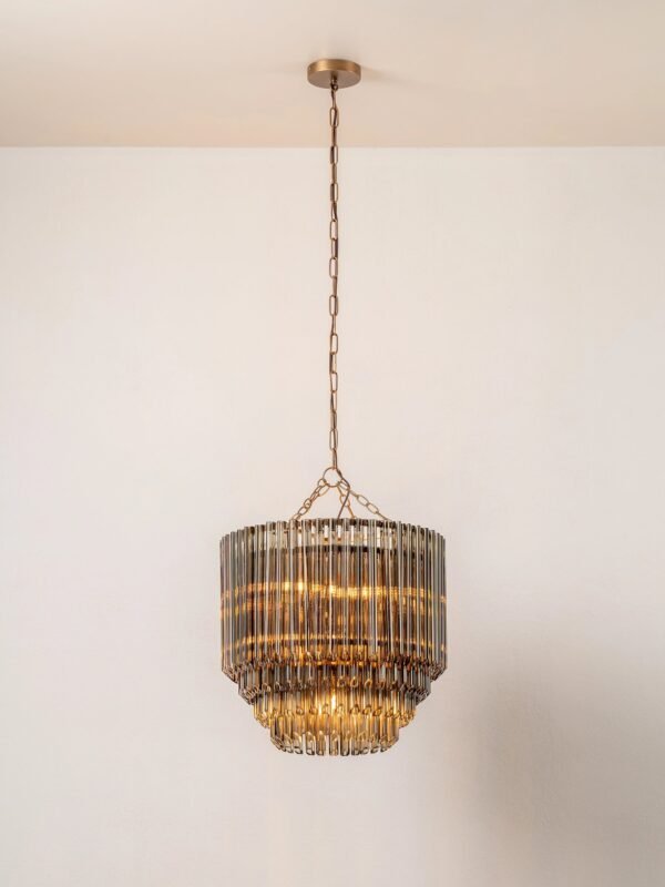 Petalia - 9 light aged brass and smoked green glass tube tall chandelier - Image 3