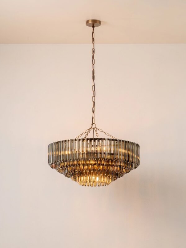 Petalia - 9 light aged brass and smoked green glass tube wide chandelier - Image 2