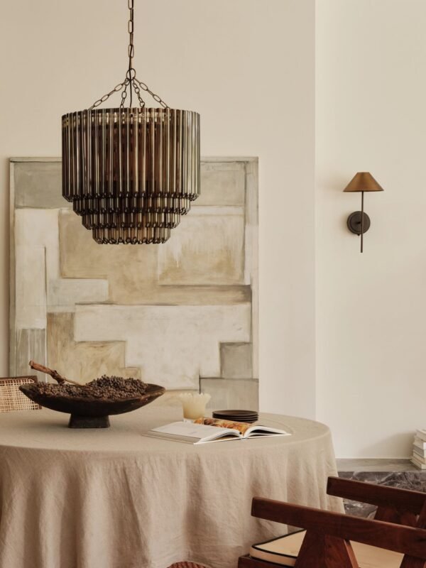 Petalia - 9 light aged brass and smoked green glass tube tall chandelier - Image 2